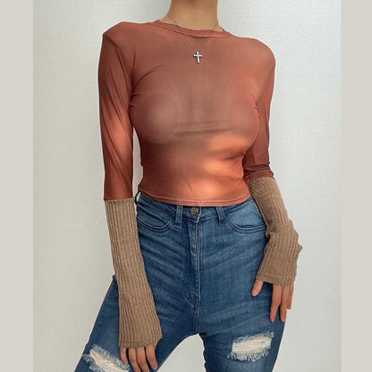 Mesh contrast knitted patchwork see through long sleeve top