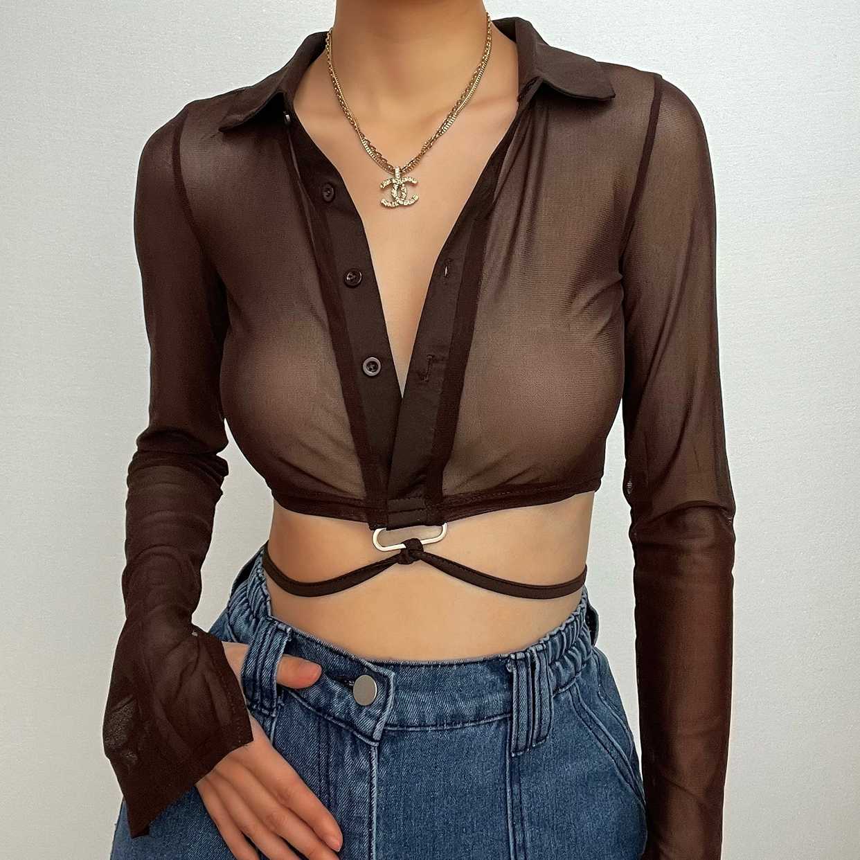 Sheer mesh see through turnover collar long sleeve button slit crop top