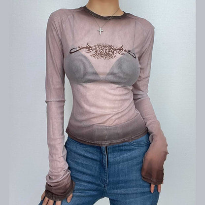 Sheer mesh see through long sleeve gradient abstract crewneck top