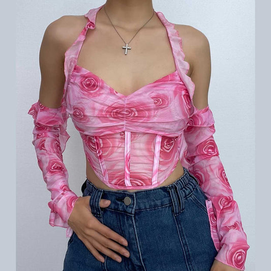 Sheer mesh flower print ruffle halter off shoulder long sleeve crop top