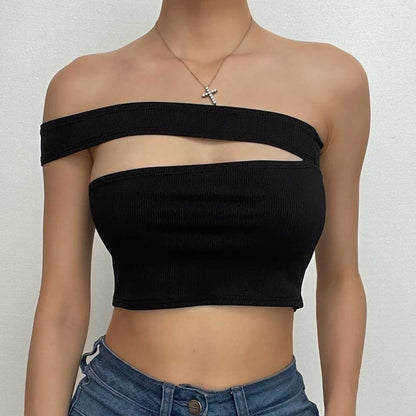 Ribbed hollow out 3-way solid irregular backless tube crop top