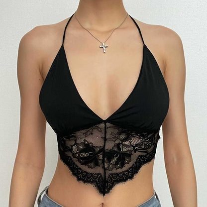 Lace patchwork halter v neck backless self tie crop top