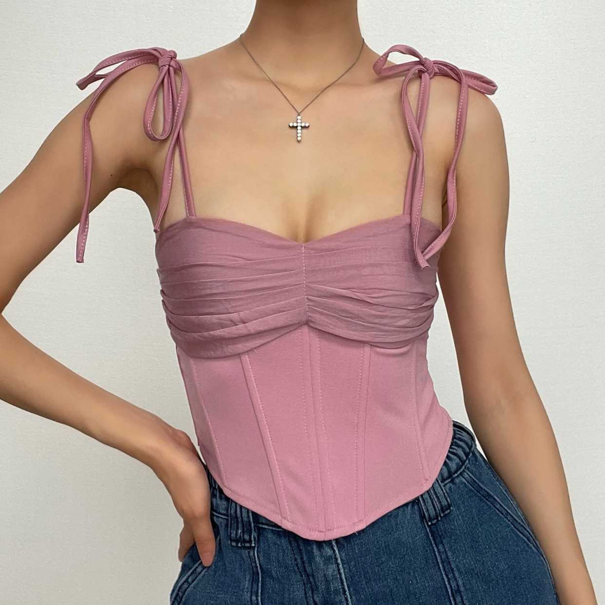 Solid pleated self tie zip-up corset crop top