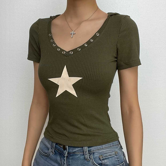 Star pattern contrast v neck button hoodie ribbed short sleeve top