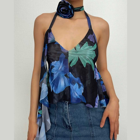 Sheer mesh contrast print halter v neck self tie ruffle crop top