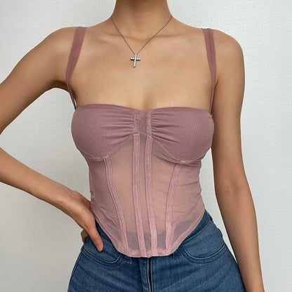 Sheer mesh square neck corset backless ruched cami crop top