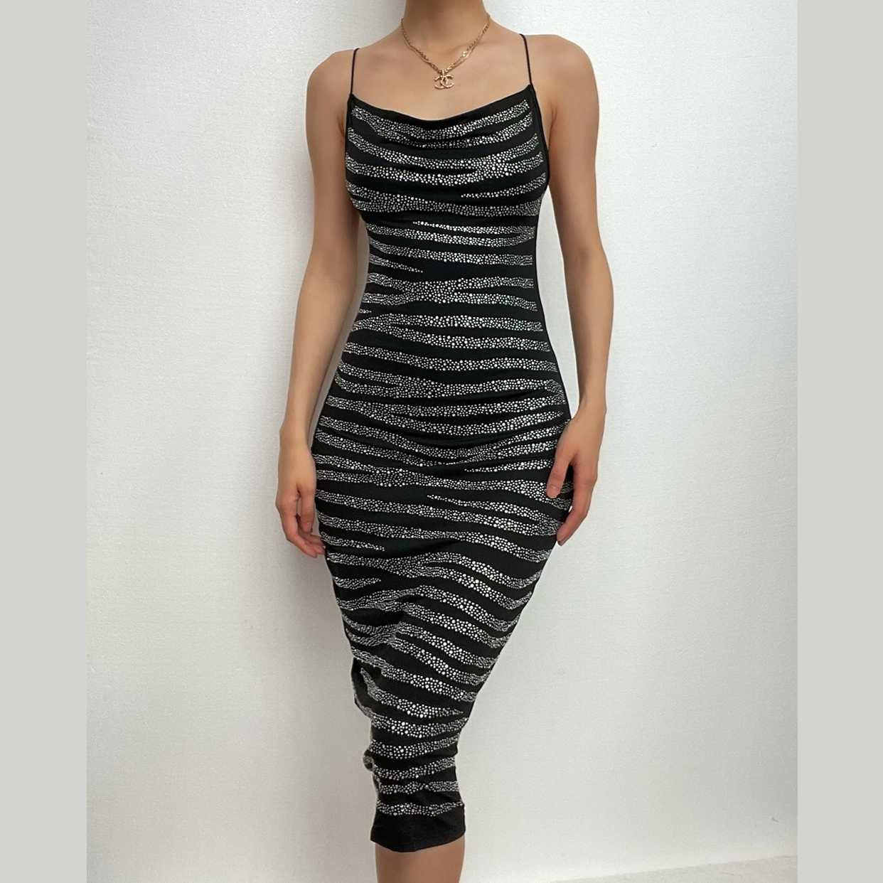 Beaded cowl neck cross back contrast spaghetti strap backless midi dress