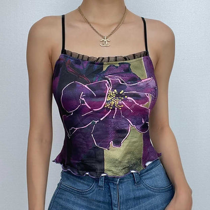 Ruffle flower print contrast square neck backless cami crop top