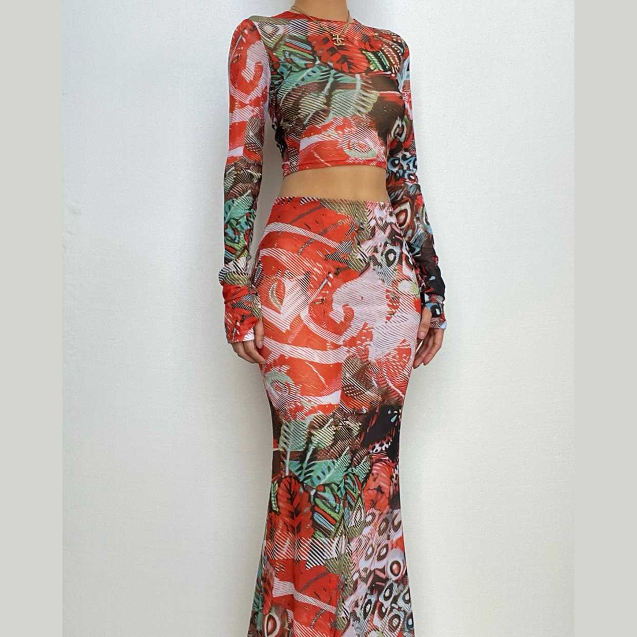 Abstract Print Sheer Mesh Long Sleeve Gloves Contrast Maxi Skirt Set