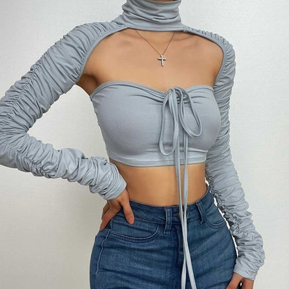 Turtle neck solid ruched long sleeve halter 2 piece crop top