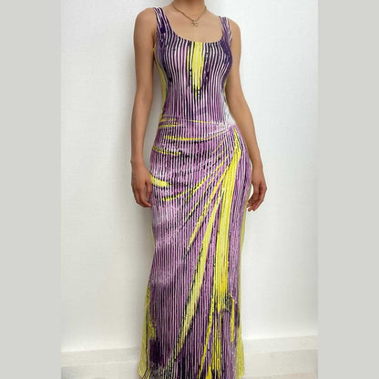 Body pattern contrast u neck sleeveless backless maxi dress