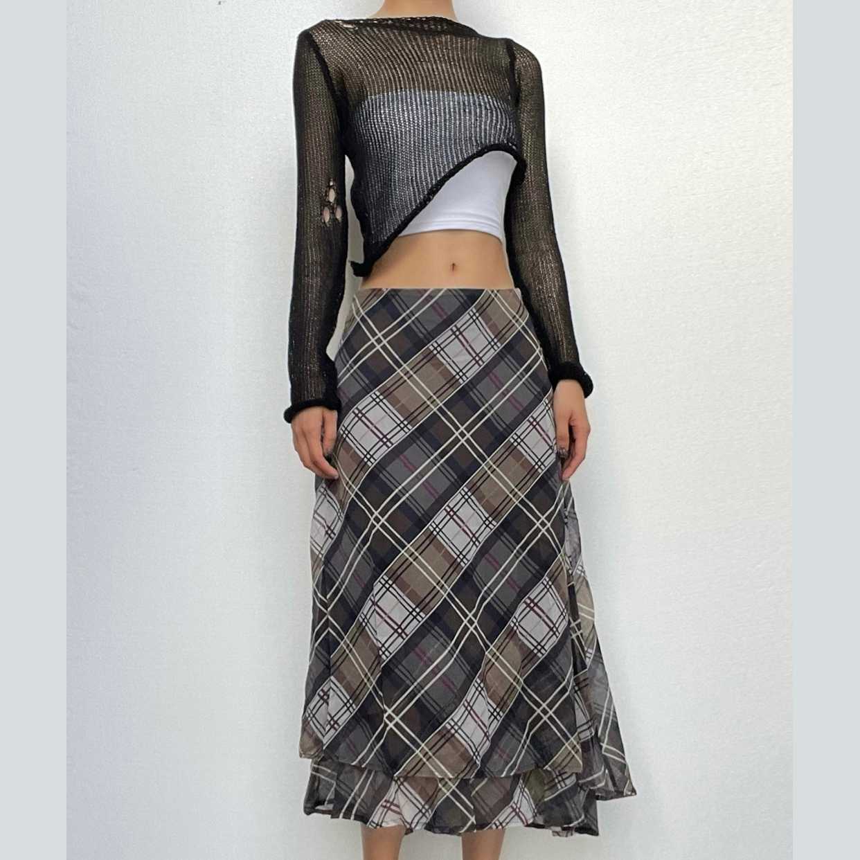 Plaid contrast ruffle zip-up chiffon low rise midi skirt