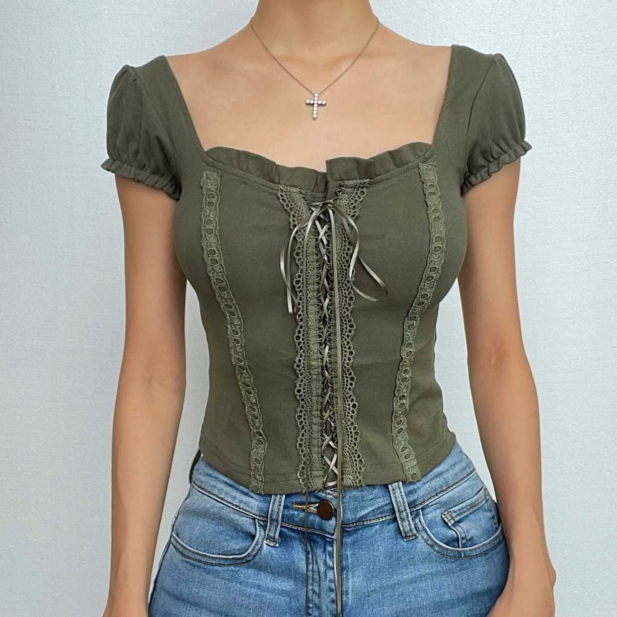 Cap sleeve lace up ruffle square neck backless top