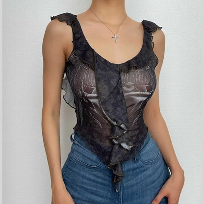 Sheer mesh see through ruffle cap sleeve backless top