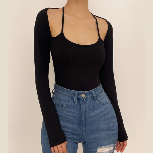 Halter solid ribbed long sleeve low cut bodysuit