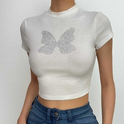 Butterfly beaded short sleeve crewneck crop top