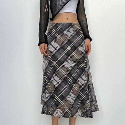 Plaid contrast ruffle zip-up chiffon low rise midi skirt