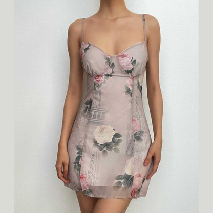 Chiffon flower print contrast v neck zip-up cami mini dress