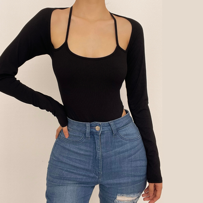 Halter solid ribbed long sleeve low cut bodysuit