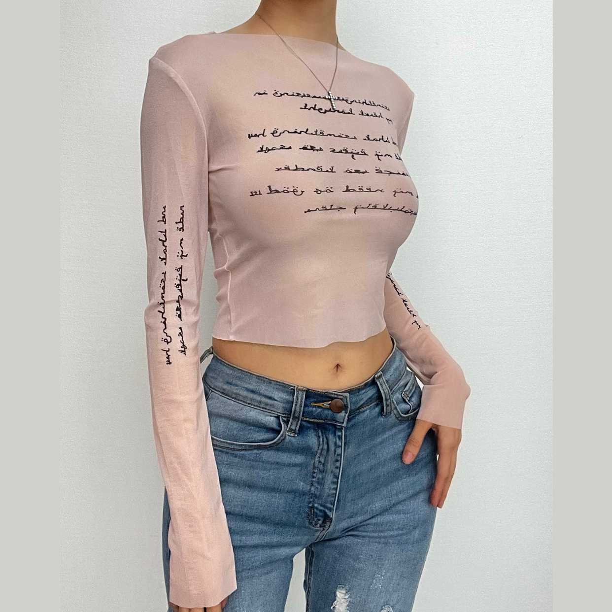 Long sleeve contrast print sheer mesh see through crop top