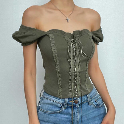 Cap sleeve lace up ruffle square neck backless top