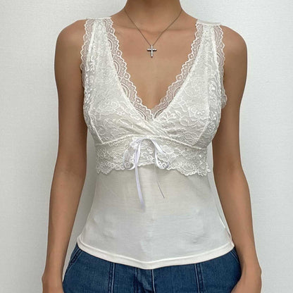 Lace patchwork solid v neck self tie sleeveless top