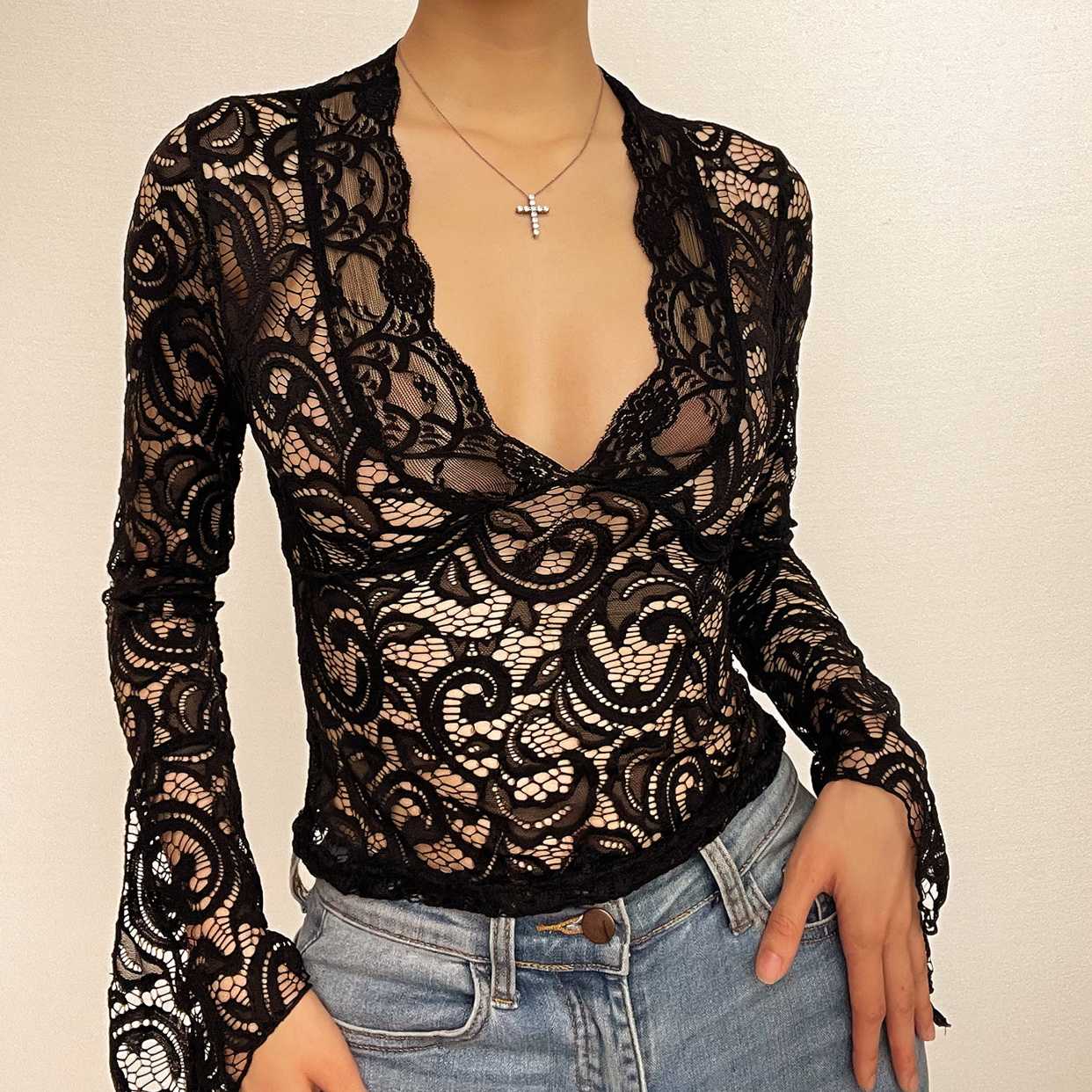 Flared sleeve v neck lace see through solid top