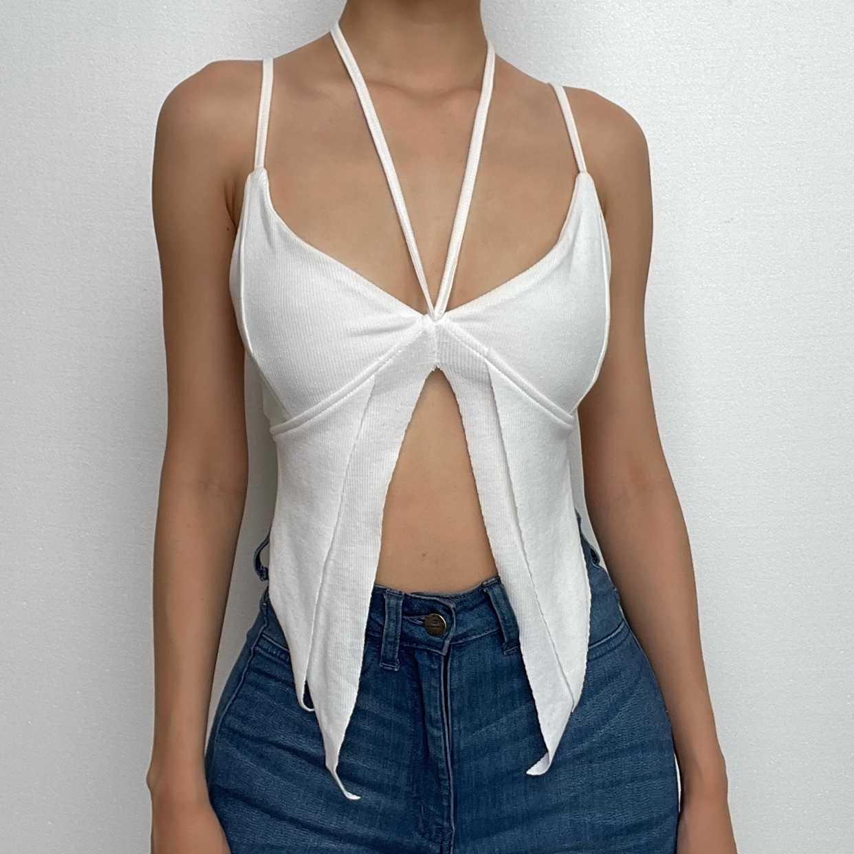 Solid halter ribbed self tie slit backless crop top