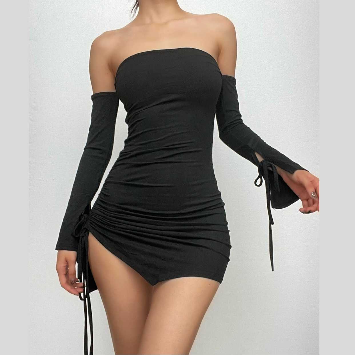 Backless off shoulder drawstring ruched slit tube mini dress