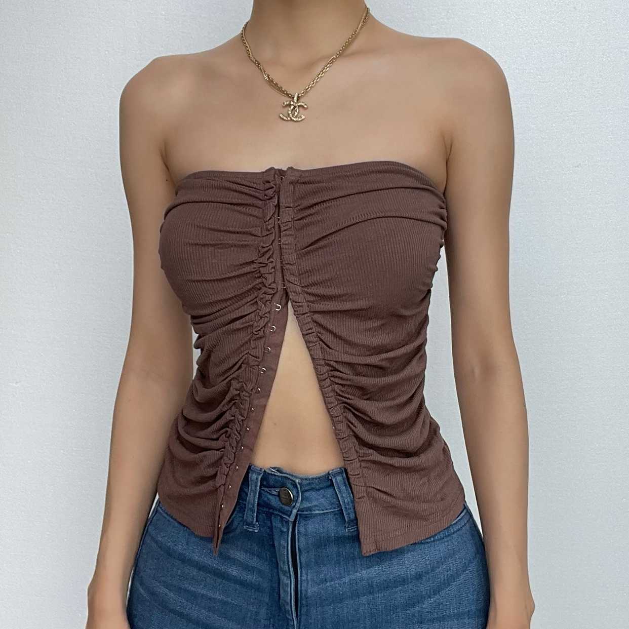 Button solid ruched backless ribbed tube crop top