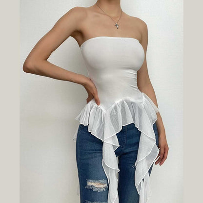 Chiffon ruffle patchwork backless ribbon solid tube top