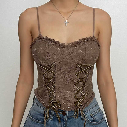 Lace button bustier lace up sweetheart neck cami crop top