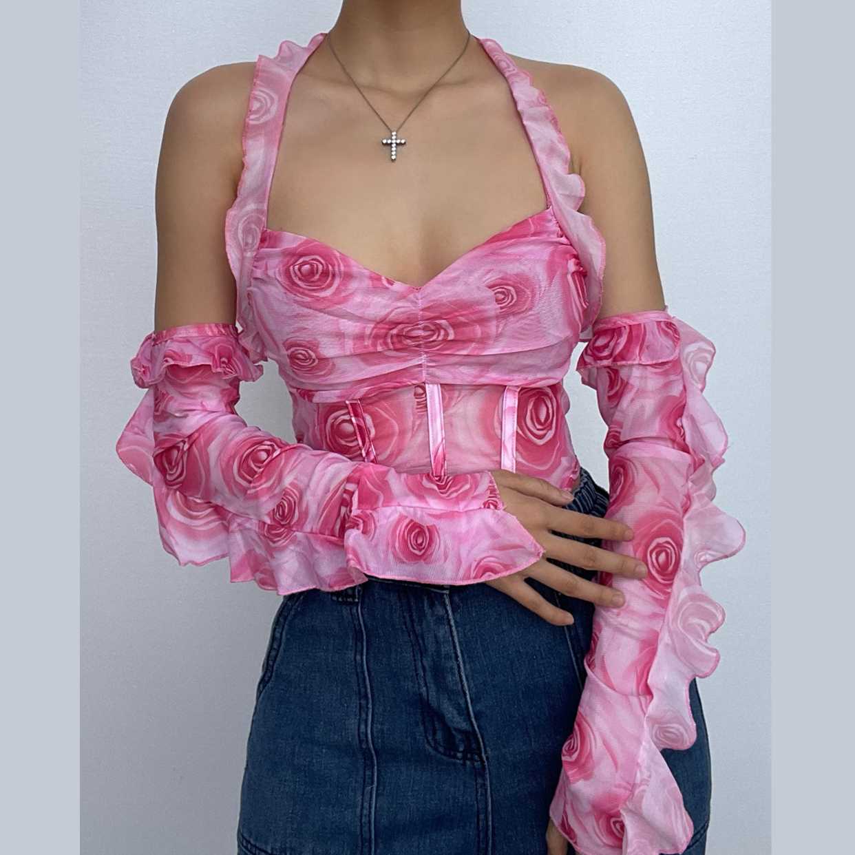 Sheer mesh flower print ruffle halter off shoulder long sleeve crop top