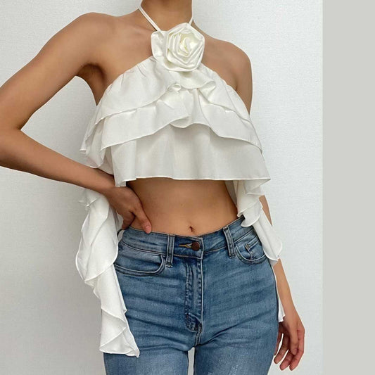 Flower applique solid ruffle halter backless ribbon crop top