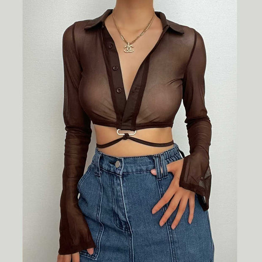 Sheer mesh see through turnover collar long sleeve button slit crop top