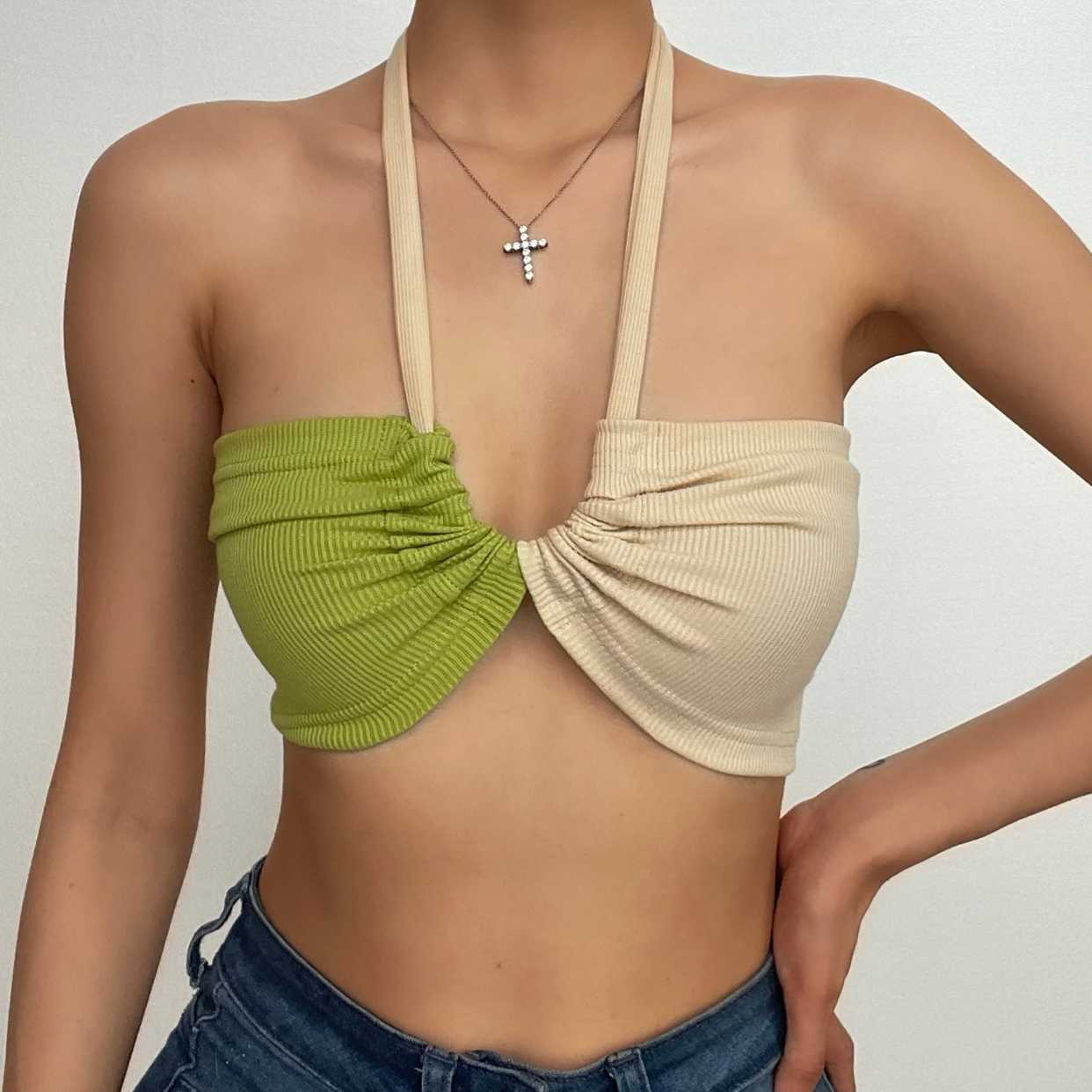 Ribbed contrast halter cross front drawstring backless crop top