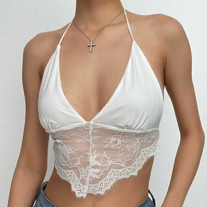 Lace patchwork halter v neck backless self tie crop top