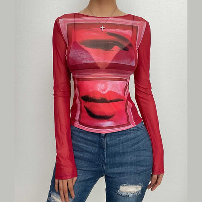 Sheer mesh see through abstract print long sleeve contrast top