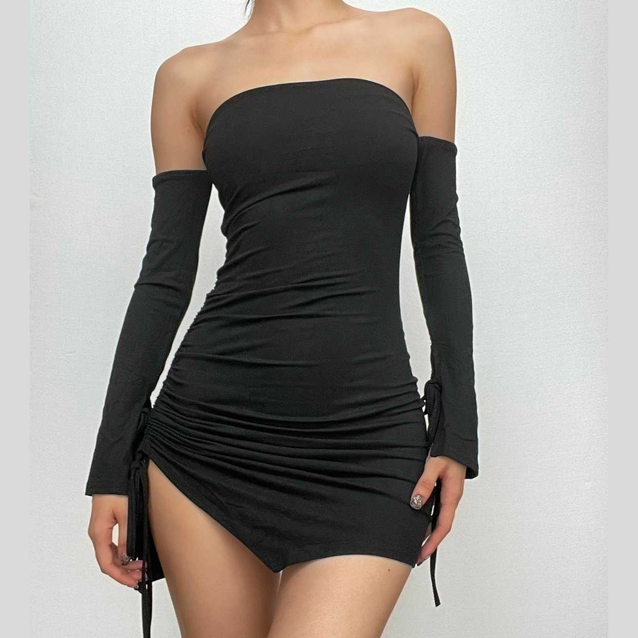 Backless off shoulder drawstring ruched slit tube mini dress