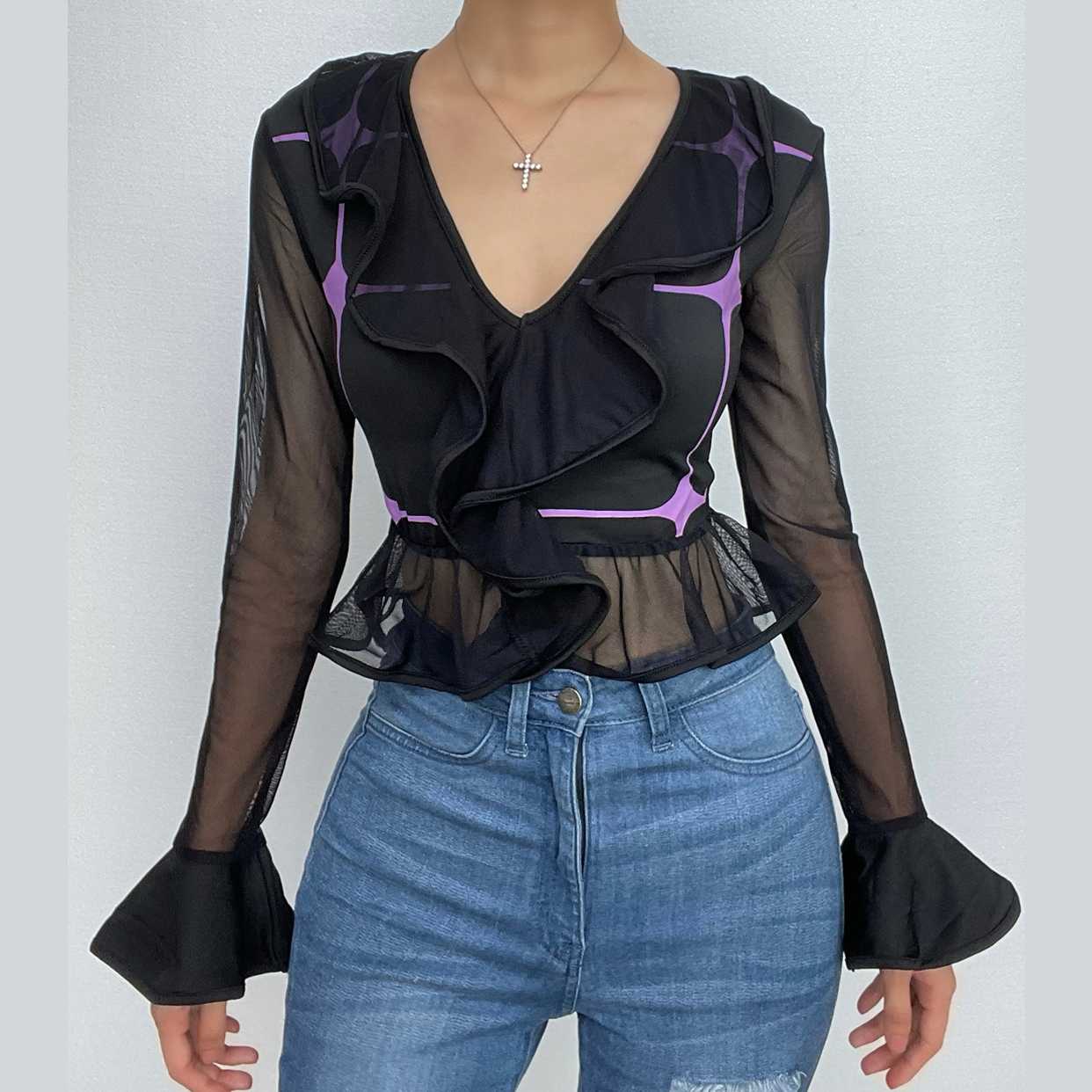 Mesh contrast ruffle patchwork v neck long sleeve crop top