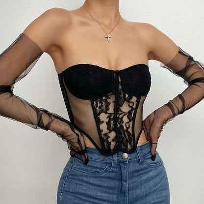 Mesh gloves lace patchwork corset low cut backless tube crop top