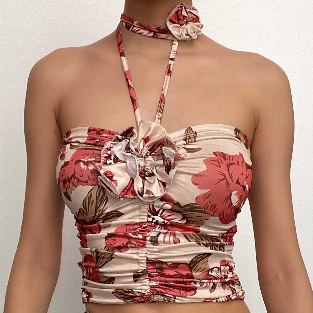 Mesh halter flower applique ruched backless contrast print crop top