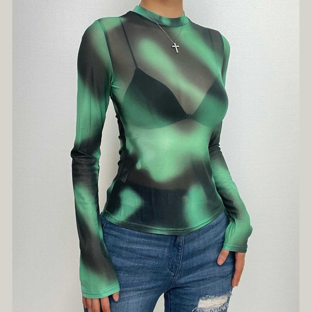 Sheer mesh see through tie dye long sleeve crewneck contrast top