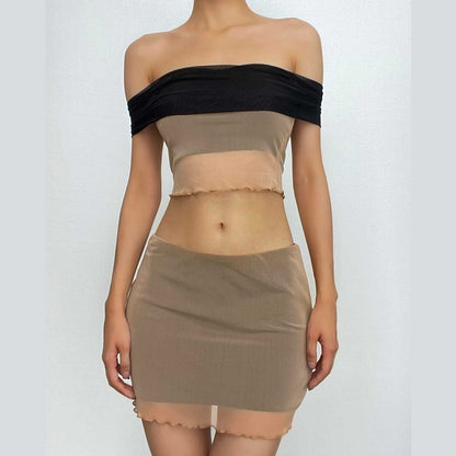 Mesh contrast off shoulder ruffle backless mini skirt set