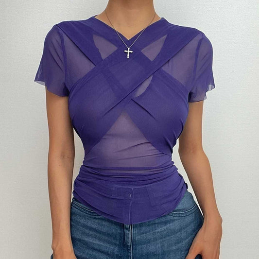 Sheer mesh see through cross front short sleeve solid self tie top