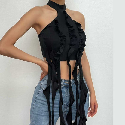 Halter solid ruffle sleeveless ribbon backless crop top