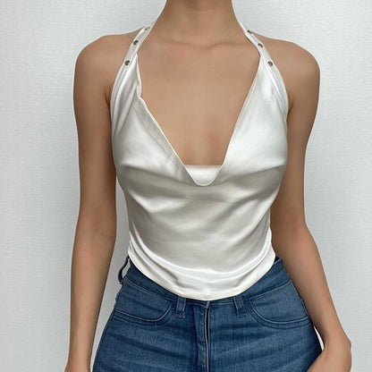 Cowl neck solid halter backless self tie low cut crop top