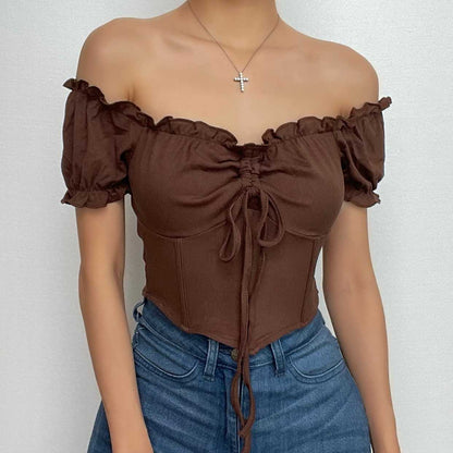 Ruffle solid puff sleeve drawstring corset backless crop top