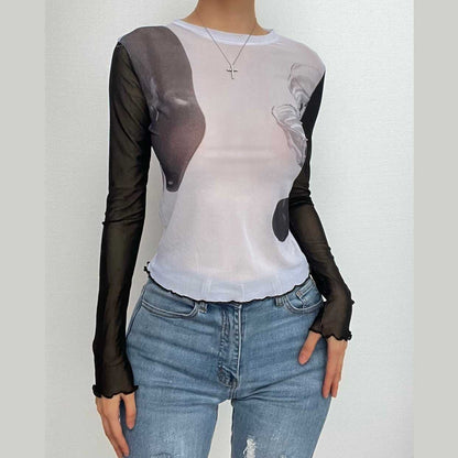 Long sleeve sheer mesh contrast ruffle round neck top