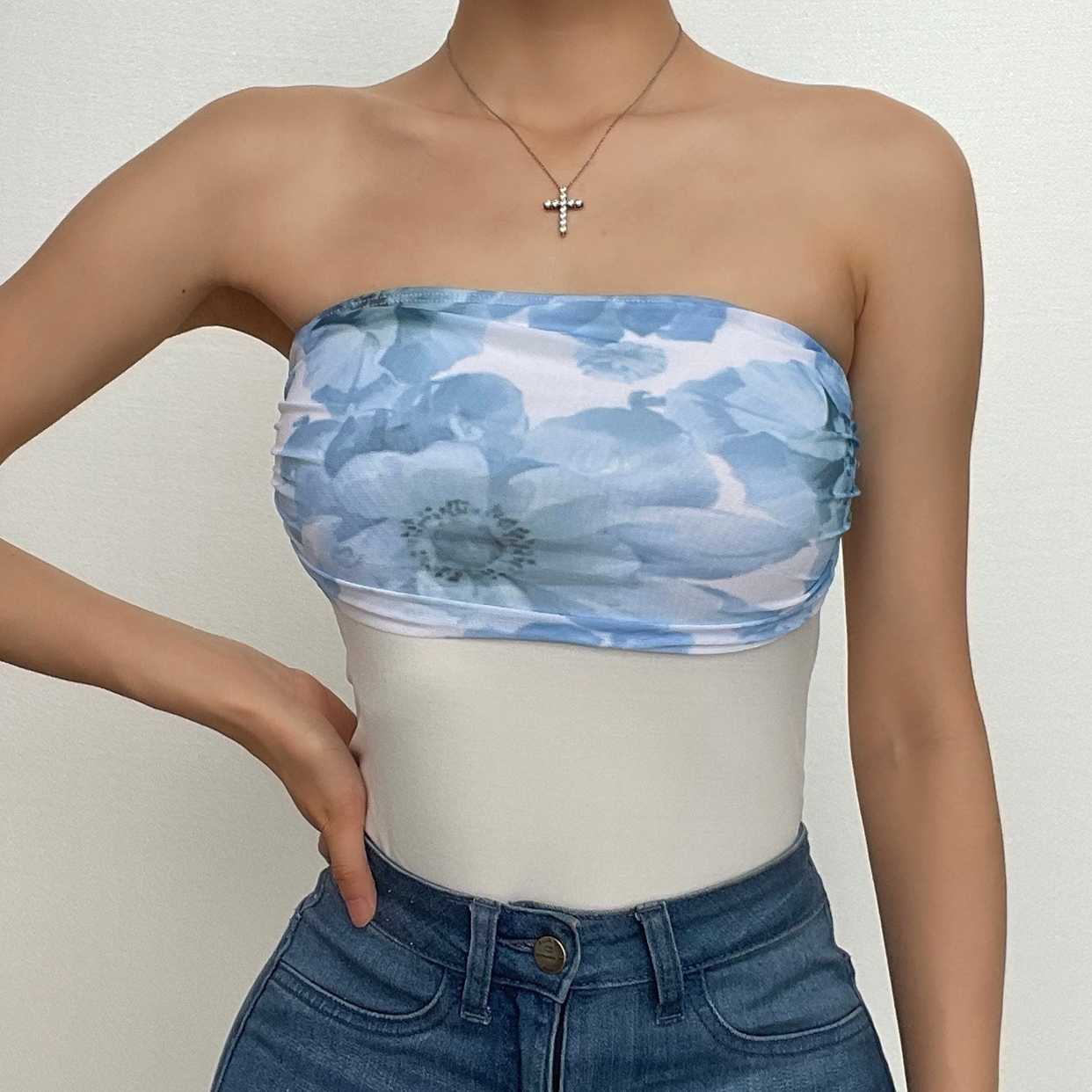 Flower print patchwork contrast ruched backless tube top